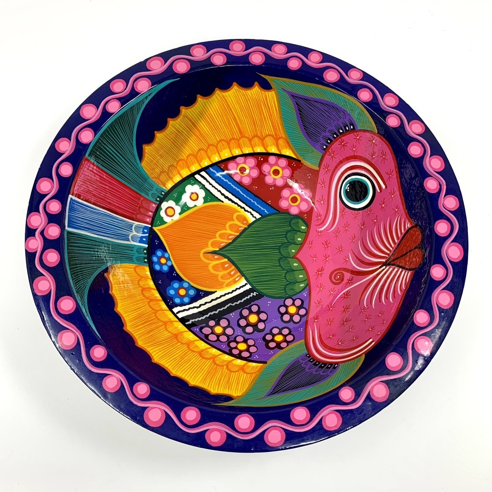 Mexican Folk Art Lacquer 10" Bowl Fish & Peacock Zihuatanejo Wooden Colorful